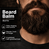 Beard balm advertisement with a close-up of a beard and product benefits text.