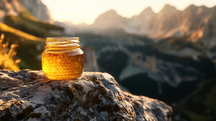 Jar of honey on a rock with mountainous landscape in the background